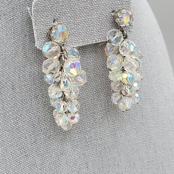 White AB Aurora Borealis Cluster Dangle Clip Earrings Vintage 2 in Length - Picture 3 of 5